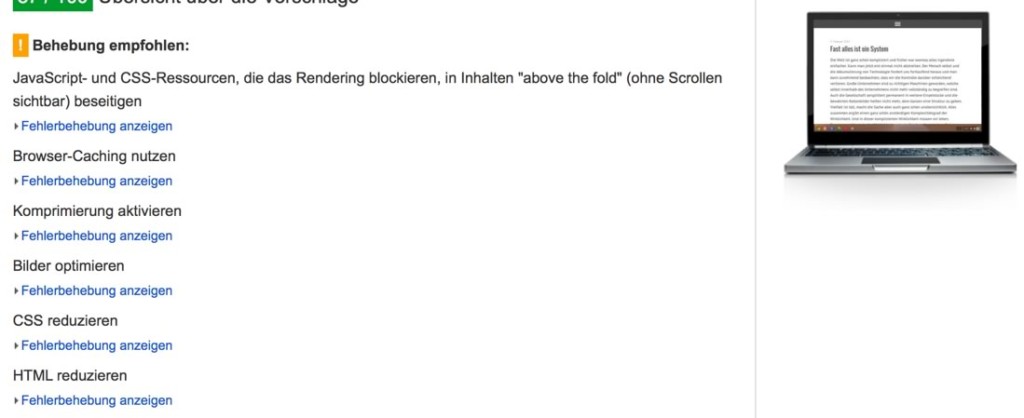 Screenshot: Google Page Speed Empfehlungen