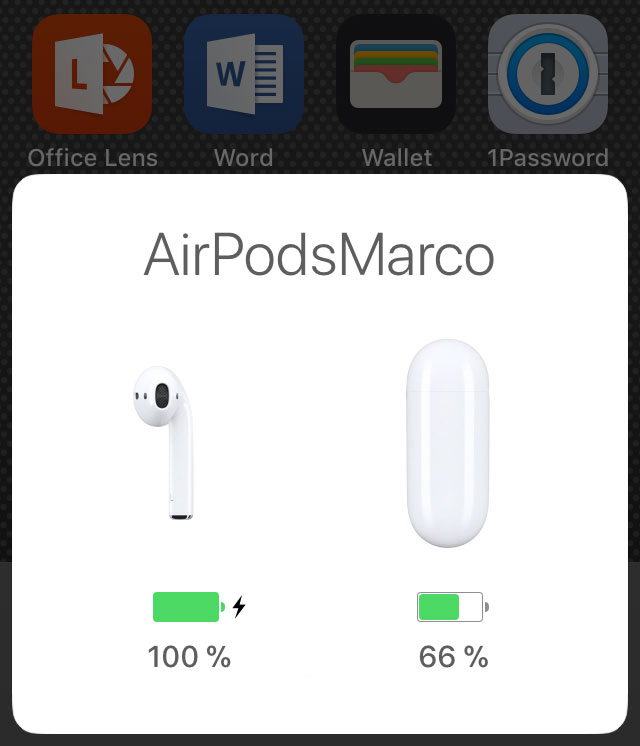 Screenshot: Anzeige des Akkustand der AirPods auf iOS