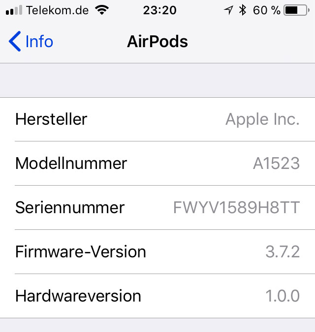 Screenshot: Info zur Version der AirPods Firmware