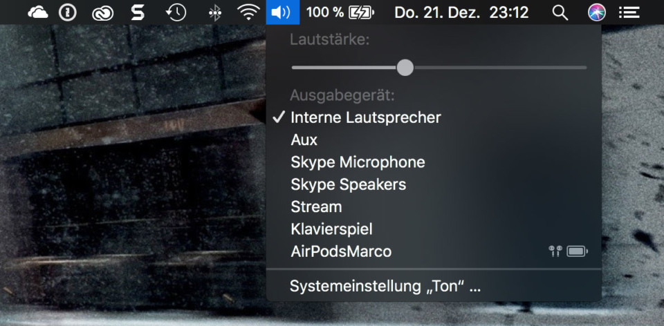Screenshot: Auswahl des Audio-Ausgabegerät auf macOS