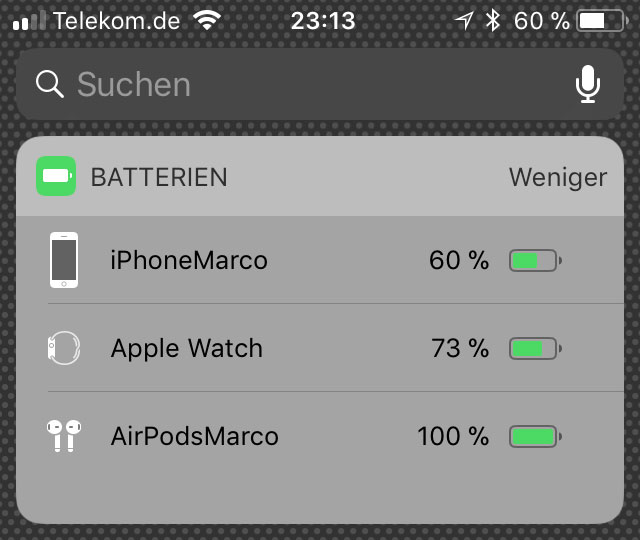 Screenshot: Anzeige des Füllstands des AirPod Akkus