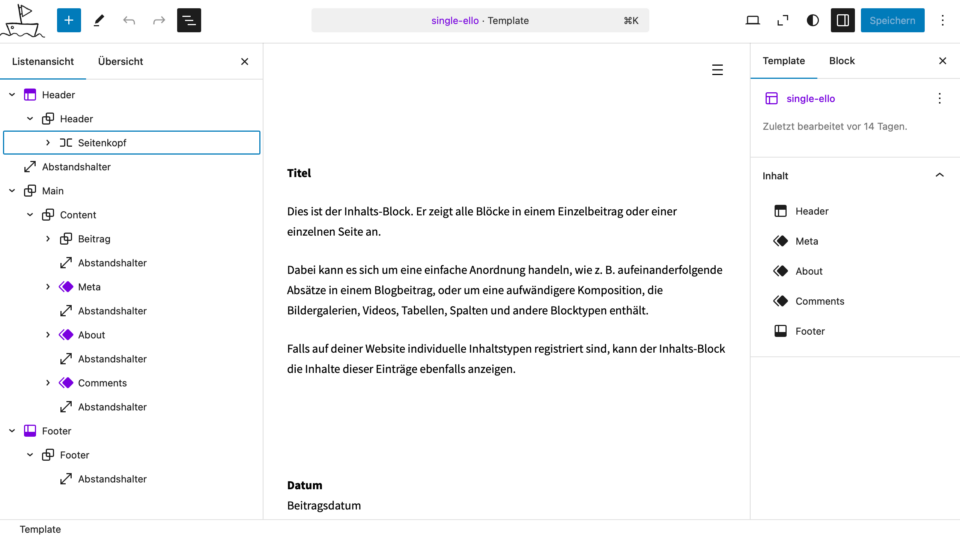 Screenshot: Das Block Theme Elsa im Website Editor von WordPress.