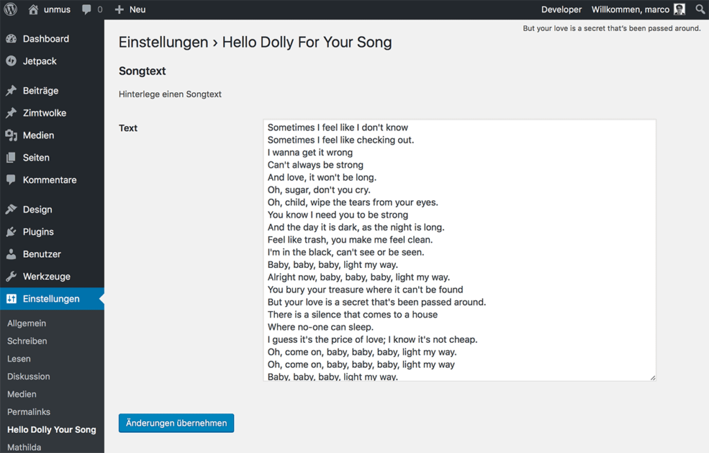 WordPress Plugin Settings Hello Dolly For Your Song