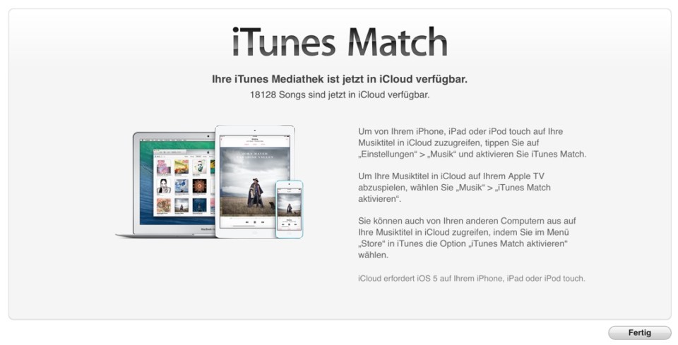 Screenshot: iTunes Match Abgleich Ergebnis